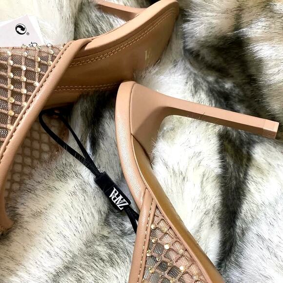 ZARA Embellished Mesh Slide Heels Nude Tan Size 8 NWT - Picture 10 of 16